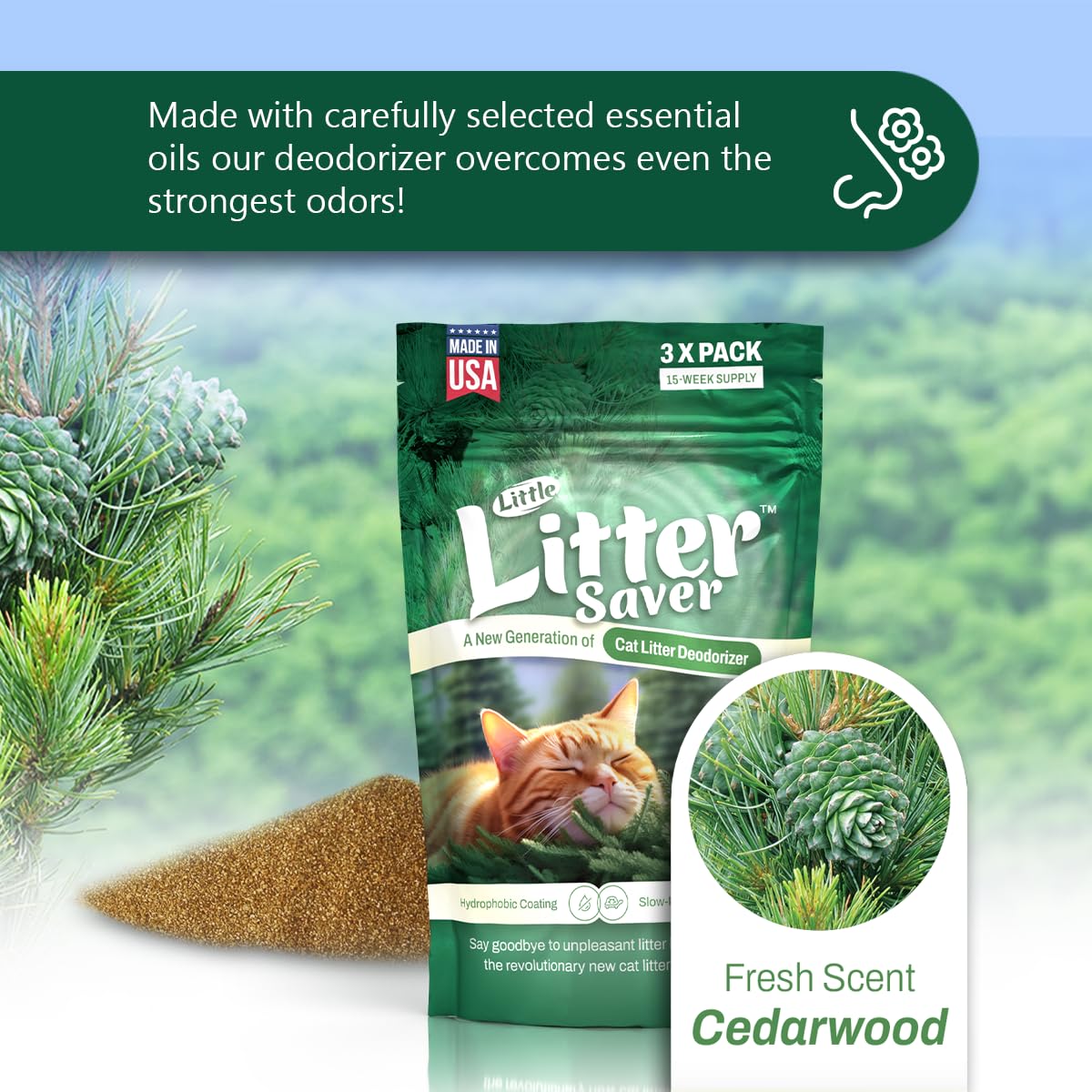 LITTLE SAVER Little Litter Saver | a New Generation Of Cat Litter Box Deodorizer | Unique Formula for Slow Release | Natural Fresh Scent | Up to 15 Weeks Supply | 3 x 0.5oz bags (Cedar)