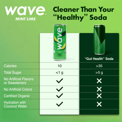 WAVE Organic Sparkling Drink | Low Calorie Drink, Mint Lime Lightly Carbonated | Great Natural Soda Alternative | USA Made Kosher No Added Sugar, Color, & Artificial Ingredients |12 Pack
