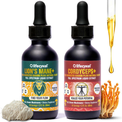 Life Cykel Cordyceps + Lions Mane Extract Performance Pack - Organic Mushroom Supplement for Energy, Focus & Mental Clarity - USA Made, Pure & Potent Mushroom Liquid Drops for Adults