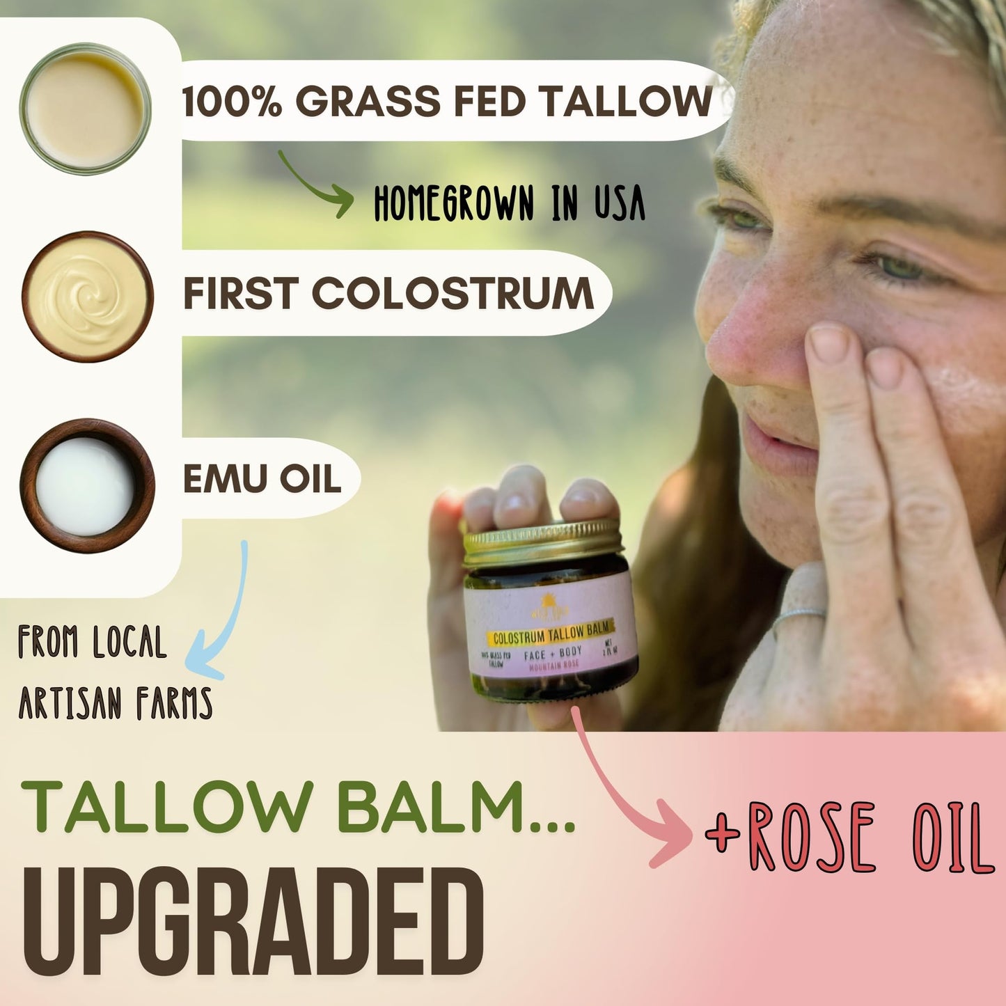 100% Grass Fed Tallow Balm with First Colostrum, Rose Oil & Emu Oil - Handmade in USA Whipped Beef Tallow for Face and Body, Beef Tallow for Skin Tallow Moisturizer (Mountain Rose) Scent