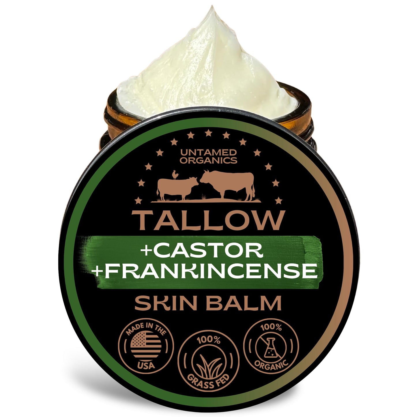 Untamed Organics Handmade Tallow, Castor Oil, and Frankincense Oil Skin Balm - 100% Grass-Fed Tallow for Skin Care - Face & Body Moisturizer for Sensitive Skin, Eczema All-Purpose Cream - 2 FL. oz.