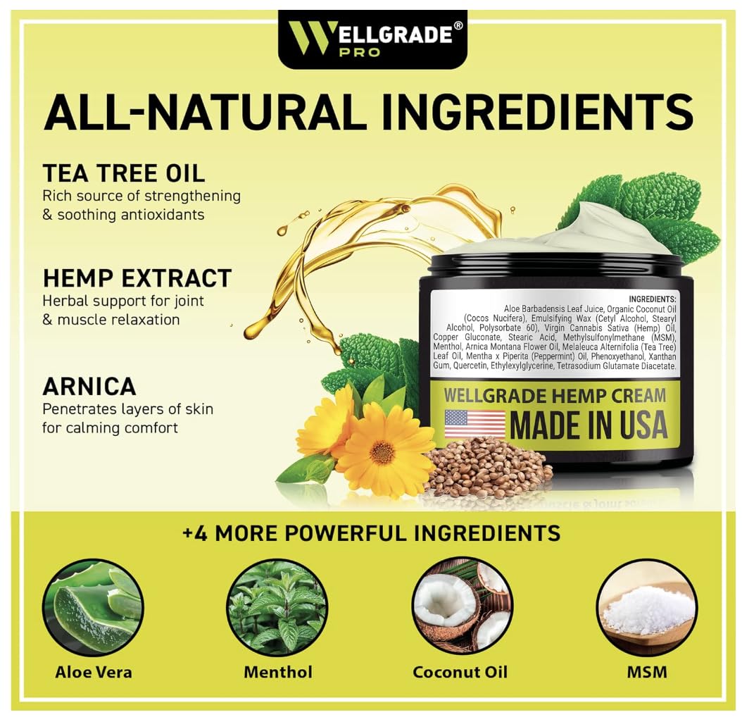 WELLGRADE PRO Hemp Cream - Made in USA - Natural Hemp Extract Cream - for Knees, Joints and Lower Back - Hemp Oil Extract Cream with Arnica, MSM & Menthol, 4 Fl Oz (1)