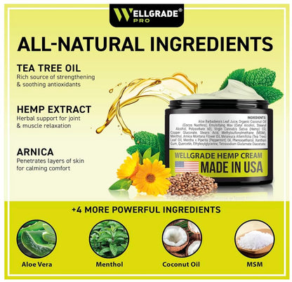 WELLGRADE PRO Hemp Cream - Made in USA - Natural Hemp Extract Cream - for Knees, Joints and Lower Back - Hemp Oil Extract Cream with Arnica, MSM & Menthol, 4 Fl Oz (1)