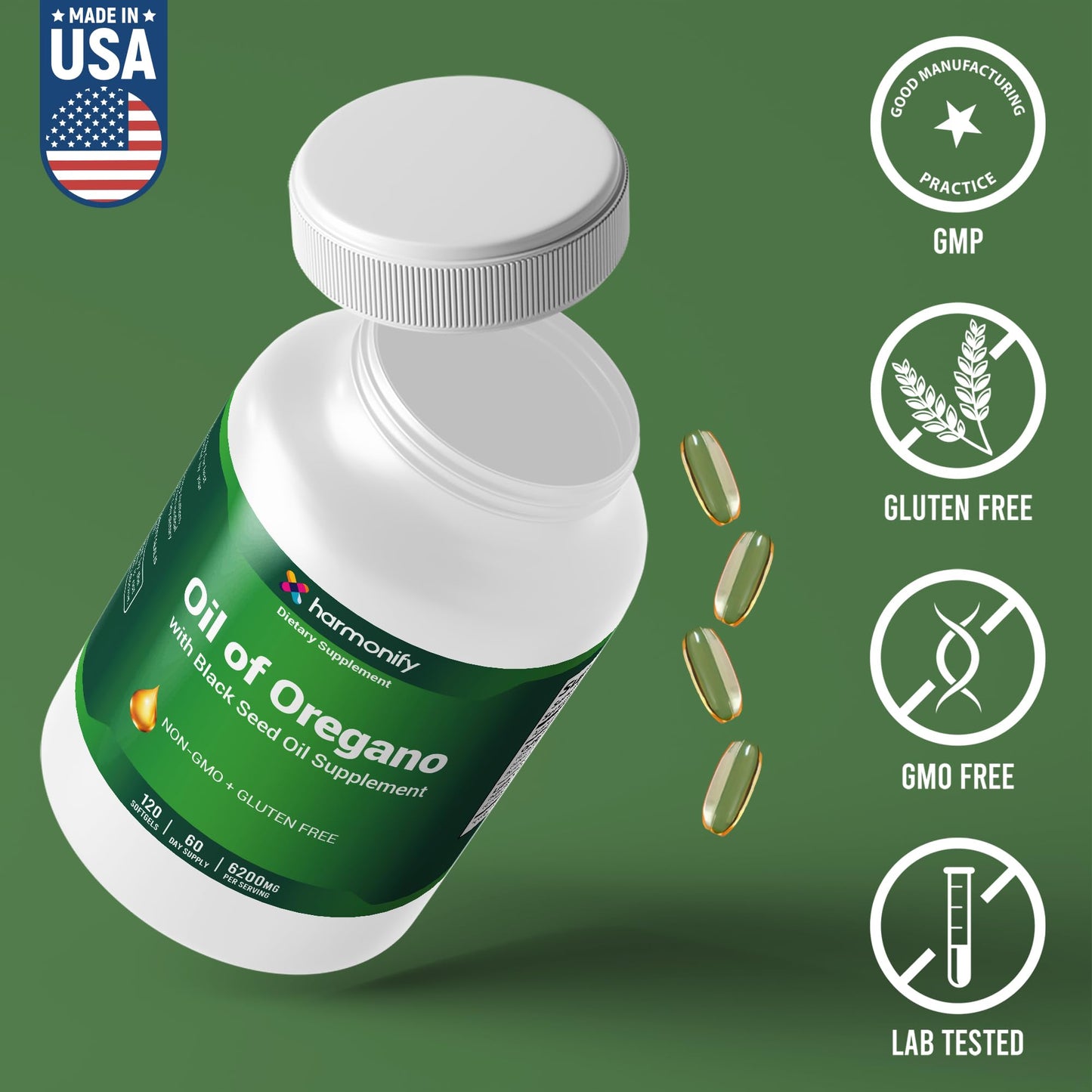 HARMONIFY Oil of Oregano with Black Seed Oil Supplement for Immune & Digestive Support, Black Seed Oil, Oregano Oil Supplement, 120 Softgels, 60 Day Supply, Non-GMO & Gluten Free