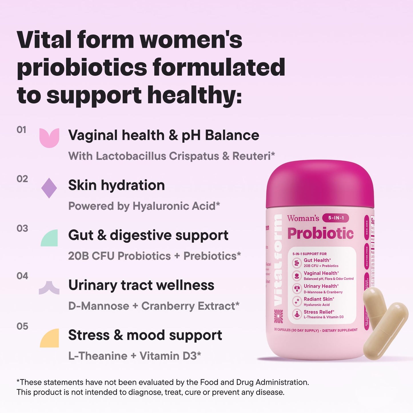 VitalForm Women’s Probiotic with 20B CFU – 5-in-1 Vaginal, Gut, Urinary, Skin & Mood Support – D-Mannose, Cranberry, Hyaluronic Acid, L-Theanine, Vitamin D – Vegan, Non-GMO – 30 Capsules