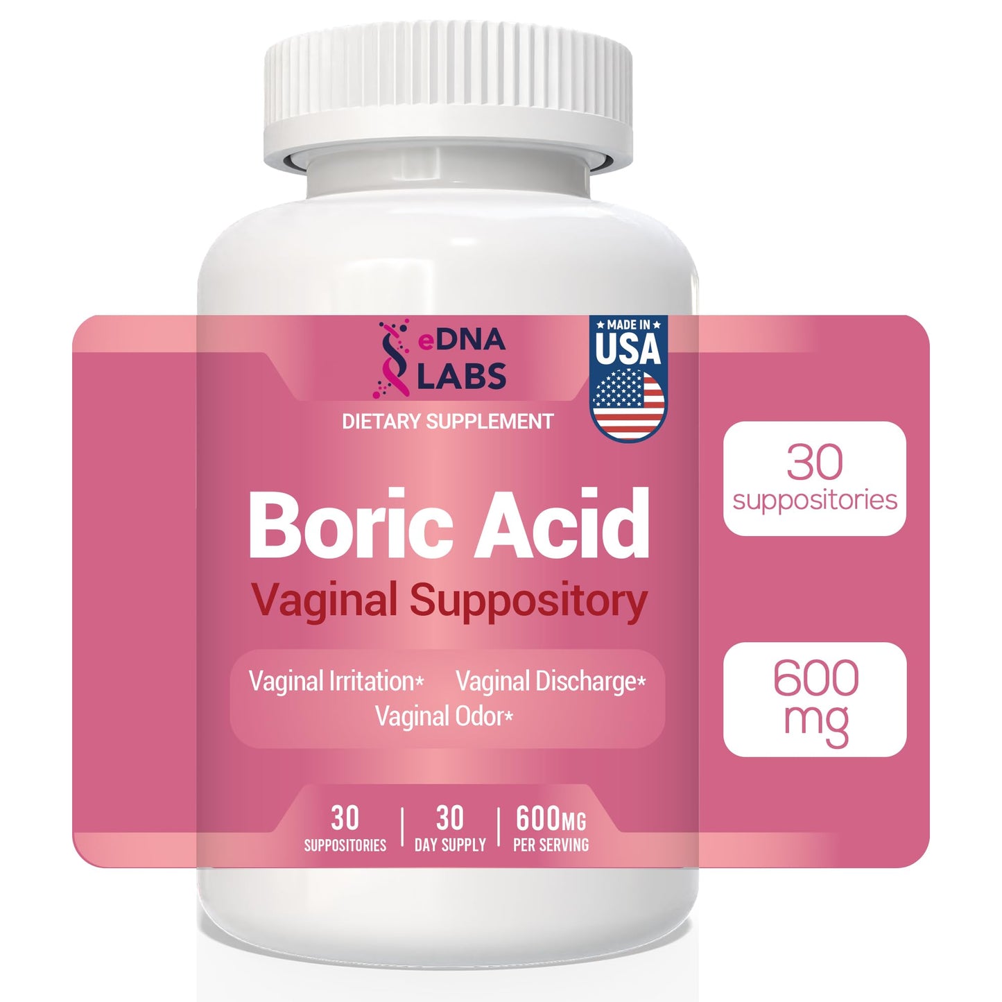 Boric Acid Suppositories for Women 600 mg, Pure Boric Acid pH Balance for Women & Vaginal Odor Control – 30 Suppositories, Made in USA
