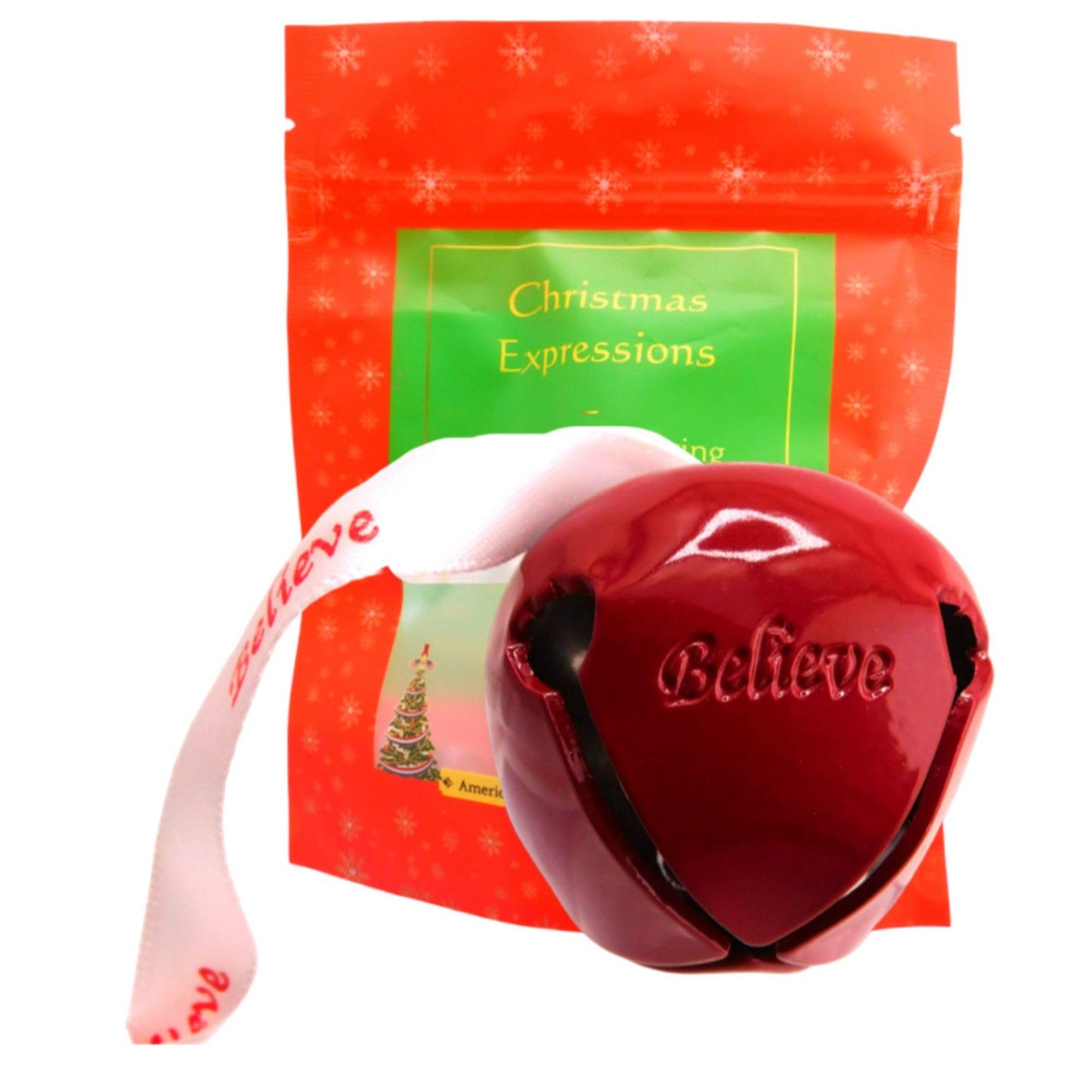 Believe Bell Ornament Red Metal Tree Decoration in Resealable Christmas Expressions Gift Bag, Made in The USA