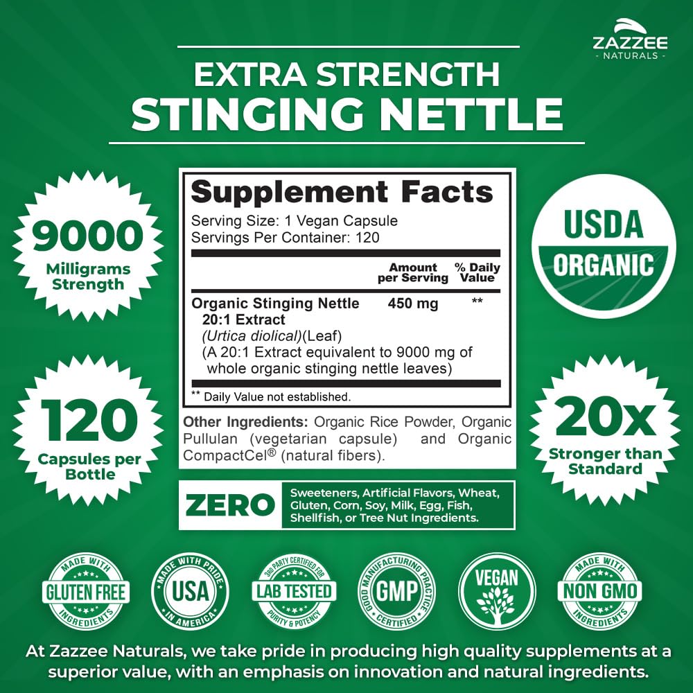Zazzee USDA Organic Stinging Nettle 20:1 Extract, 9000 mg Strength, 120 Vegan Capsules, 4 Month Supply, Concentrated, Standardized 20X Extract, Certified Organic, 100% Vegetarian, All-Natural, Non-GMO