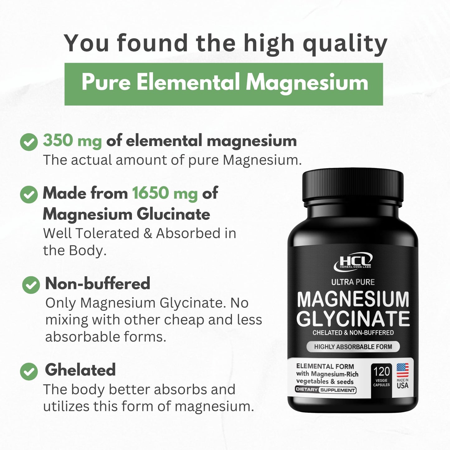 Pure Magnesium Glycinate Capsules - Non-Buffered 350mg Elemental Magnesium Supplement - Chelated High Absorption & Purity Magnesium Complex - Made in USA