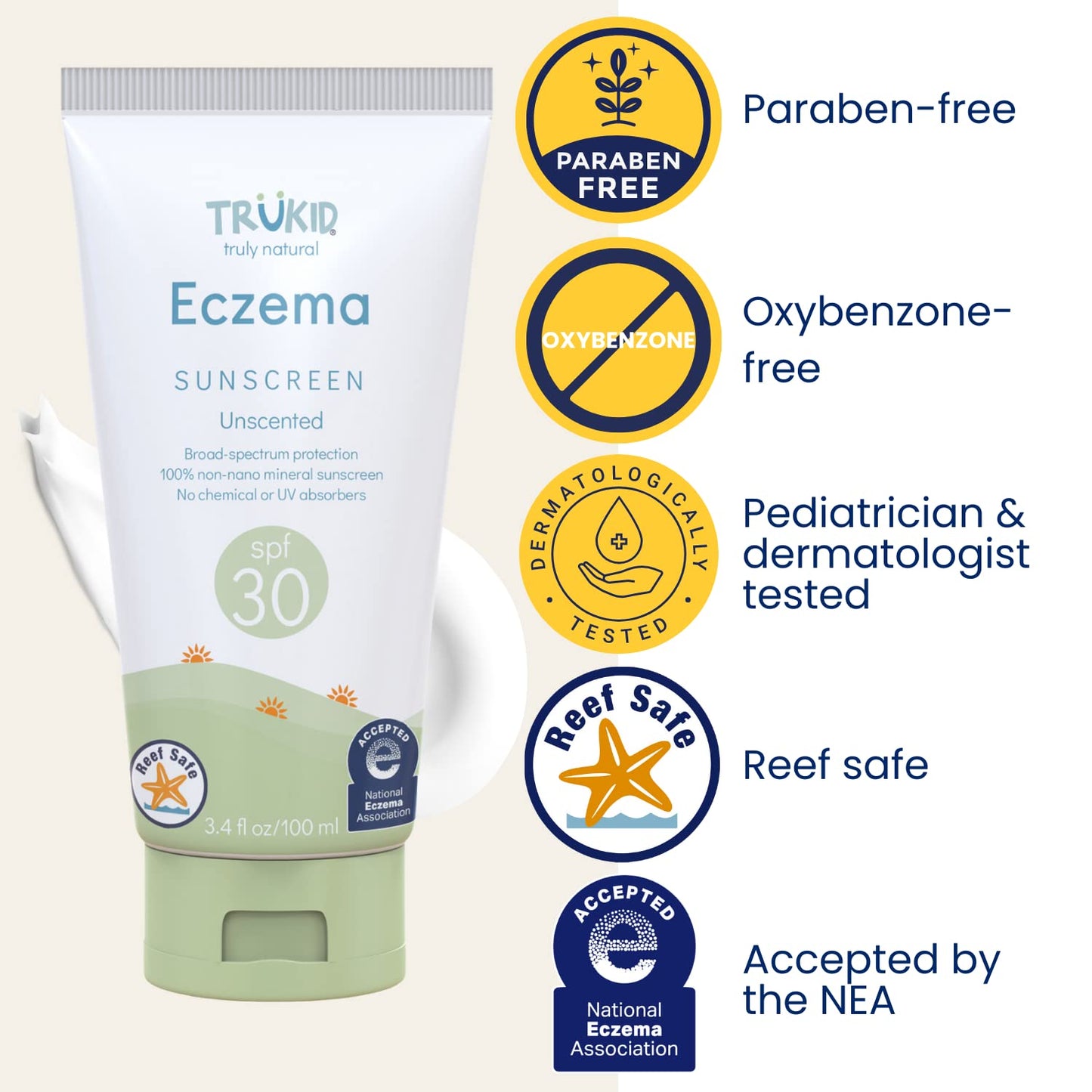 TruKid Eczema Mineral Sunscreen SPF 30 - All Natural Kids & Baby Sunscreen for Face & Body, Non-Toxic Zinc Oxide Sunblock Protection for Sensitive Skin, Unscented, FSA Eligible, Travel Size 3.4oz