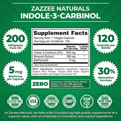 Zazzee High Absorption Indole-3-Carbinol (I3C), 200 mg per Capsule, 120 Vegan Capsules, 4 Month Supply, 5 mg BioPerine for Enhanced Absorption, 100% Vegetarian, All-Natural and Non-GMO