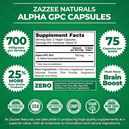 Zazzee Extra Strength Alpha GPC Choline, 700 mg per Serving, 75 Vegan Capsules, 100% Pure Pharmaceutical Grade, 100% Vegetarian, Standardized for Potency and Purity, All-Natural and Non-GMO