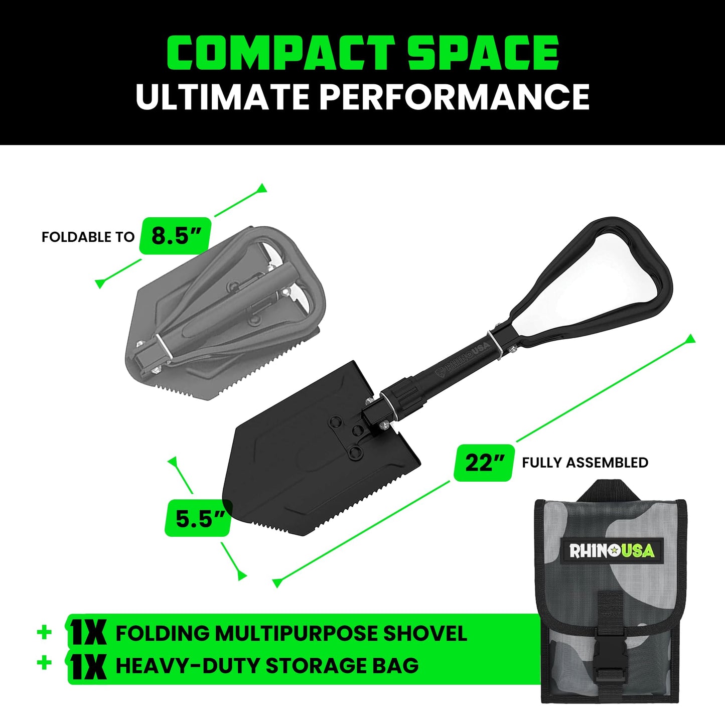 RHINO USA Folding Survival Shovel w/Pick - Heavy Duty Carbon Steel Military Style Entrenching Tool for Off Road, Camping, Gardening, Beach, Digging Dirt, Sand, Mud & Snow.