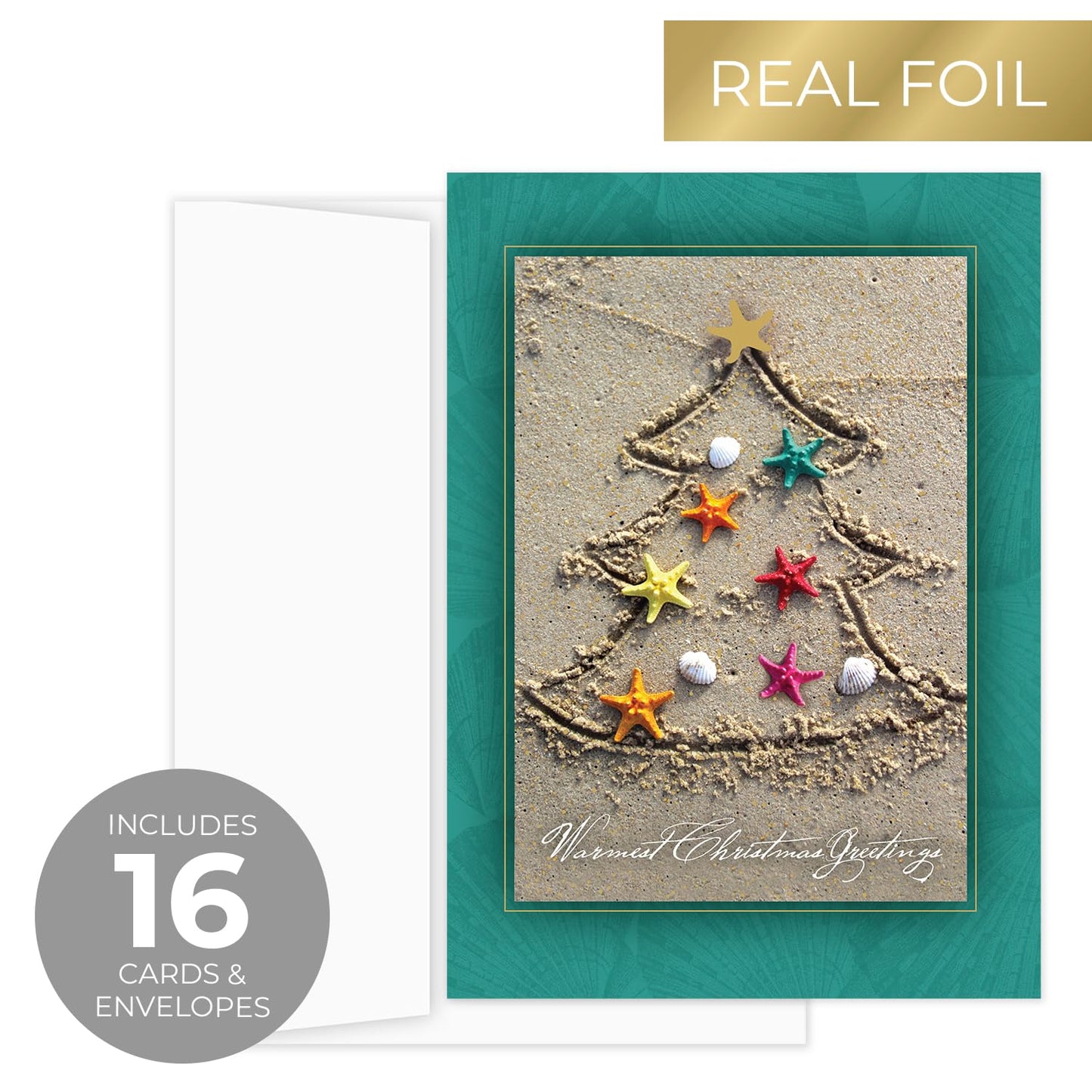 Masterpiece Sand Tree Cards / 16 Christmas Holiday Cards Set With Gold Foil And White Envelopes / 5 5/8" x 7 7/8" Winter Warm Wishes Greeting Cards With Meaningful Inside Verse