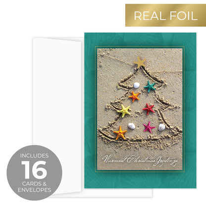 Masterpiece Sand Tree Cards / 16 Christmas Holiday Cards Set With Gold Foil And White Envelopes / 5 5/8" x 7 7/8" Winter Warm Wishes Greeting Cards With Meaningful Inside Verse