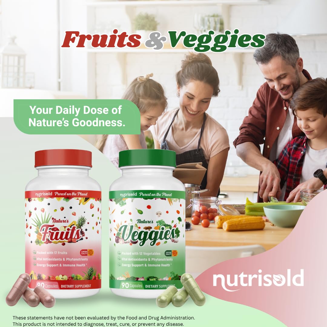 Nutrisold Whole Food Fruits & Vegetables Supplement – Superfood Blend for Energy, Digestion & Immune Support – 90 Fruit & 90 Veggie Capsules – Made in USA
