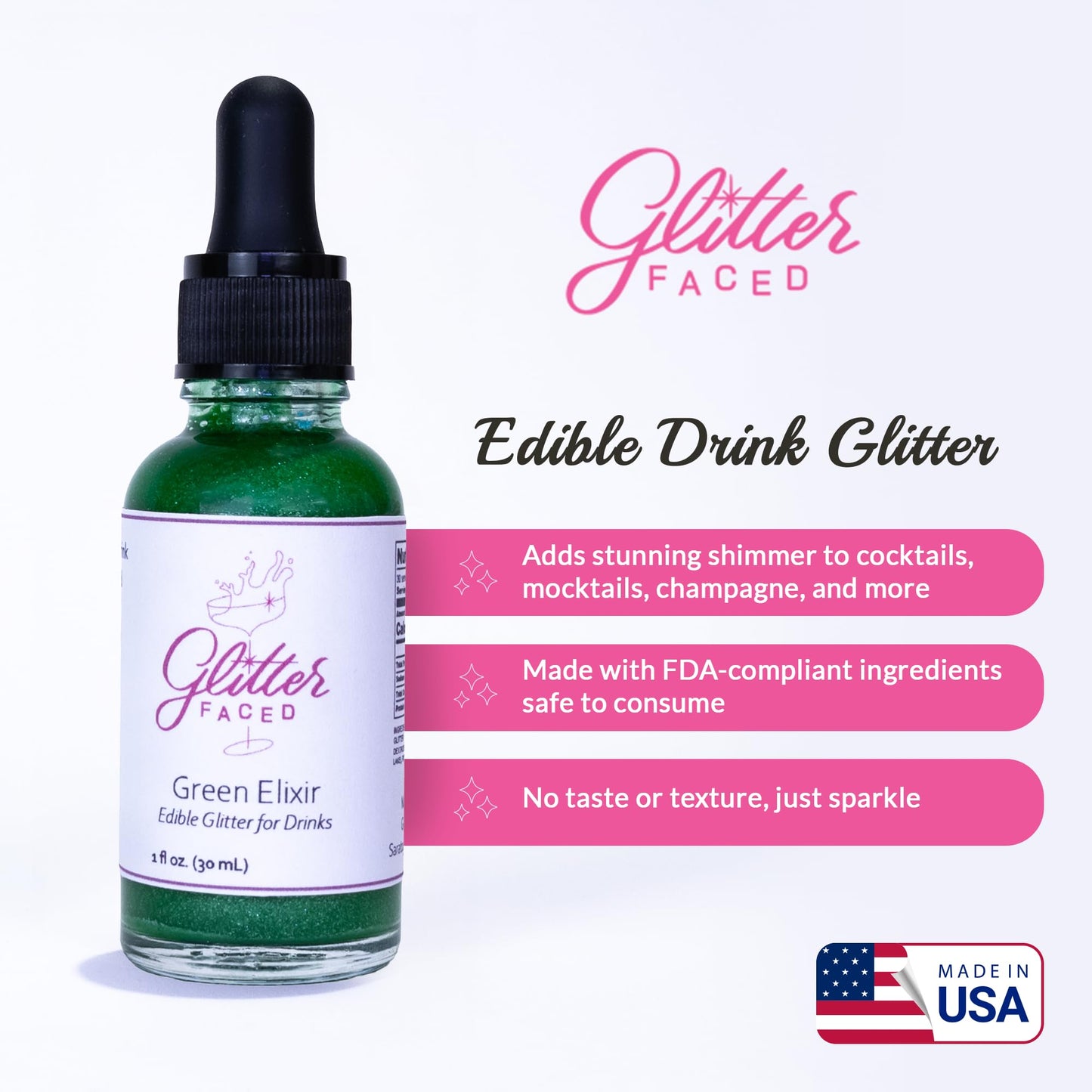 Glitter Faced Green Edible Glitter For Drinks With 0-Calories, No Taste or Texture | 30ml Food-Grade, 30 Drinks, Luster Dust | Ideal for Beverages, Galentine’s, Parties & Events | Made in USA