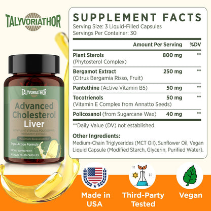 Advanced Cholesterol Supplements | Liquid-Filled Capsules for Better Absorption | Plant Sterols, Policosanol, Bergamot Extract | Triple-Action Formula,90 Capsules
