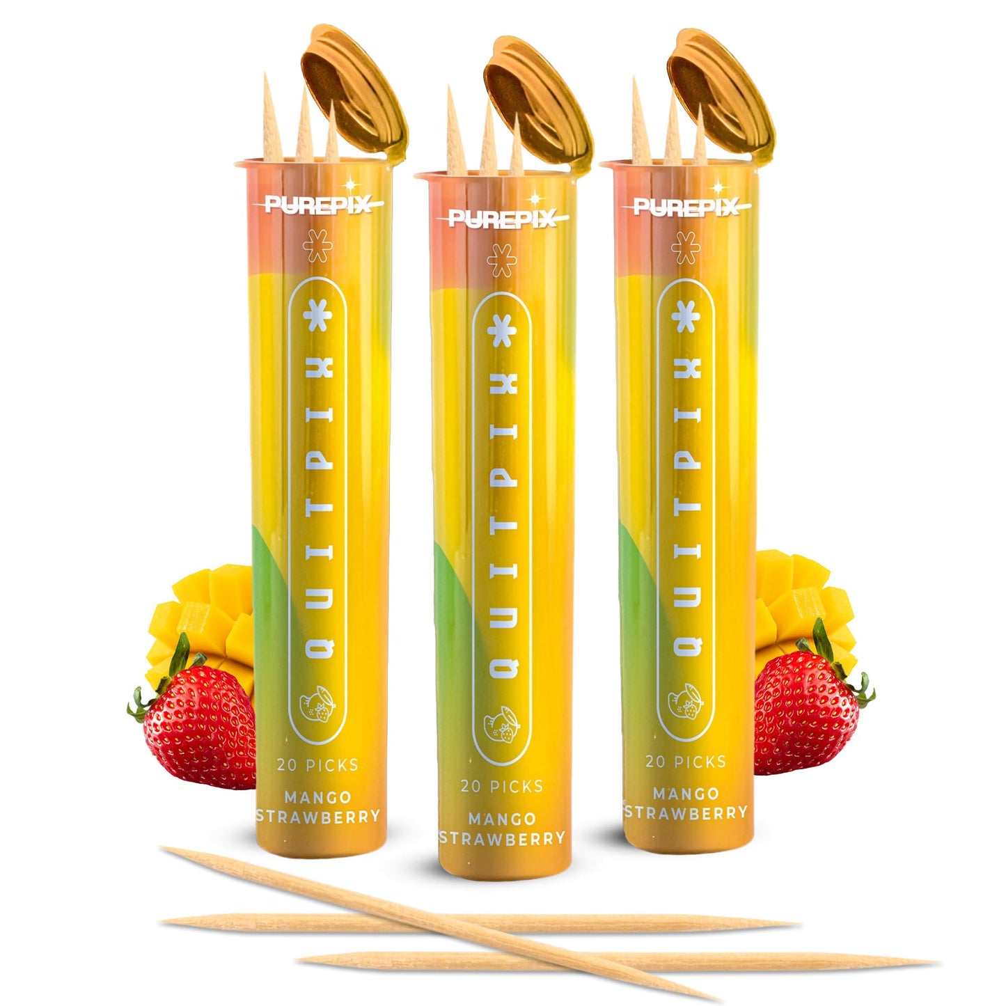 PurePix QuitPix to Help Quit Smoking Extra Thick Boosting Flavored Toothpicks with Lobelia - Aromatherapy - Oral Fixation - Nicotine Free Toothpicks (Mango Strawberry 3 Pack)