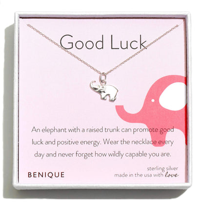 BENIQUE Sterling Silver Elephant Necklace For Women - Good Luck Gifts, Inspirational Meaningful Pendant Jewelry, Dainty Fine Chain 16"-18" Adjustable, Made In USA (S925/Elephant18)