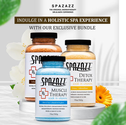 Spazazz Hot Tub Aromatherapy RX Muscle Detox Joint Bath Salt Crystals Bundle. Three Jars of 19oz Spazazz Hot Tub Crystals with Hot/Cold Towel and 5-Point Full Body Massager