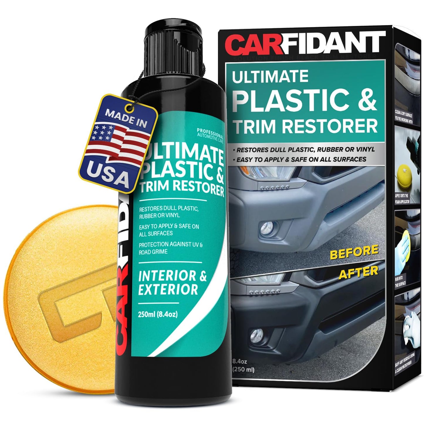 Carfidant Plastic Restorer for Cars – Refreshes Faded Plastic, Vinyl & Rubber Trim with Polish for Deep Shine – Protects Against UV & Dirt – Black Exterior & Interior Care for Detailing - 8.4 fl. Oz.