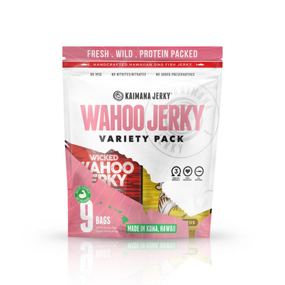 Wahoo Ono Fish Jerky Variety Sampler- Smokin' Hickory O.G, Island Citrus & Spicy Chili - Organic, Gourmet Smoked Fish Strips, Rich in Omega-3 & Protein, Low-Calorie, Low Sodium & Sugar- 9 Pack (0.5oz)