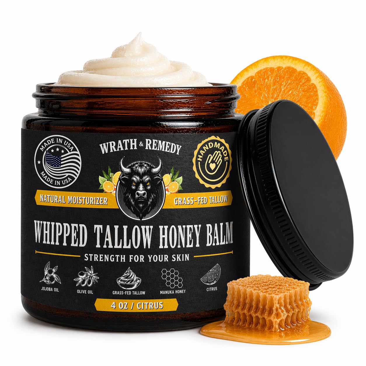 Organic Beef Tallow for Skin - 4 OZ (Citrus) — US-Made Grass Fed Beef Tallow for Face + Body — Whipped Tallow and Honey Balm Moisturizer for Dry and Sensitive Skin, Eczema, Rosacea (No Additives)