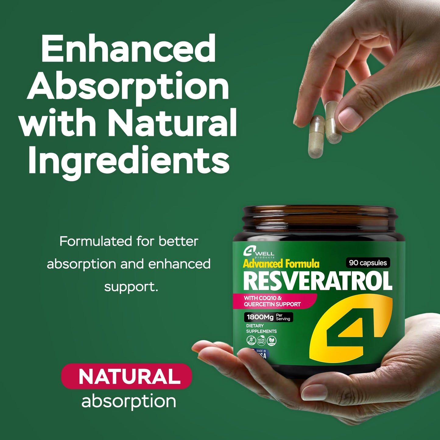 Resveratrol Supplement 1800mg Complex - COQ10, Quercetin, Vitamin E, Vitamin C - Powerful Antioxidant Formula for Enhanced Energy, Heart Health & Healthy-Aging Support Trans Resveratrol 90 Capsules