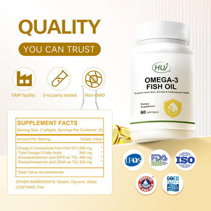 HUJ Omega 3 Fish Oil 1000mg Softgels - EPA+DPA, Fish Oil Omega 3 for Heart, Brain, Skin, Eyes & Cardiovascular Support *- 60 Softgels