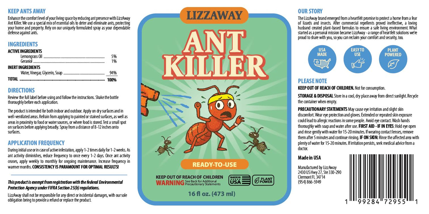 LizzAway Ant Killer Spray Indoor Outdoor Use - Plant-Based Formula with Lemongrass Oil and Geraniol - Kid & Pet Safe Ant Killer Spray - Natural Ants Repellent and Prevention for Home, Car, & Outdoors