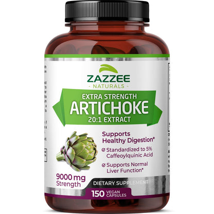 Zazzee Extra Strength Artichoke 20:1 Extract, 9000 mg Strength, 5% Caffeoylquinic Acid, 150 Vegan Capsules, 5 Month Supply, Concentrated and Standardized 20X Extract, Non-GMO and All-Natural