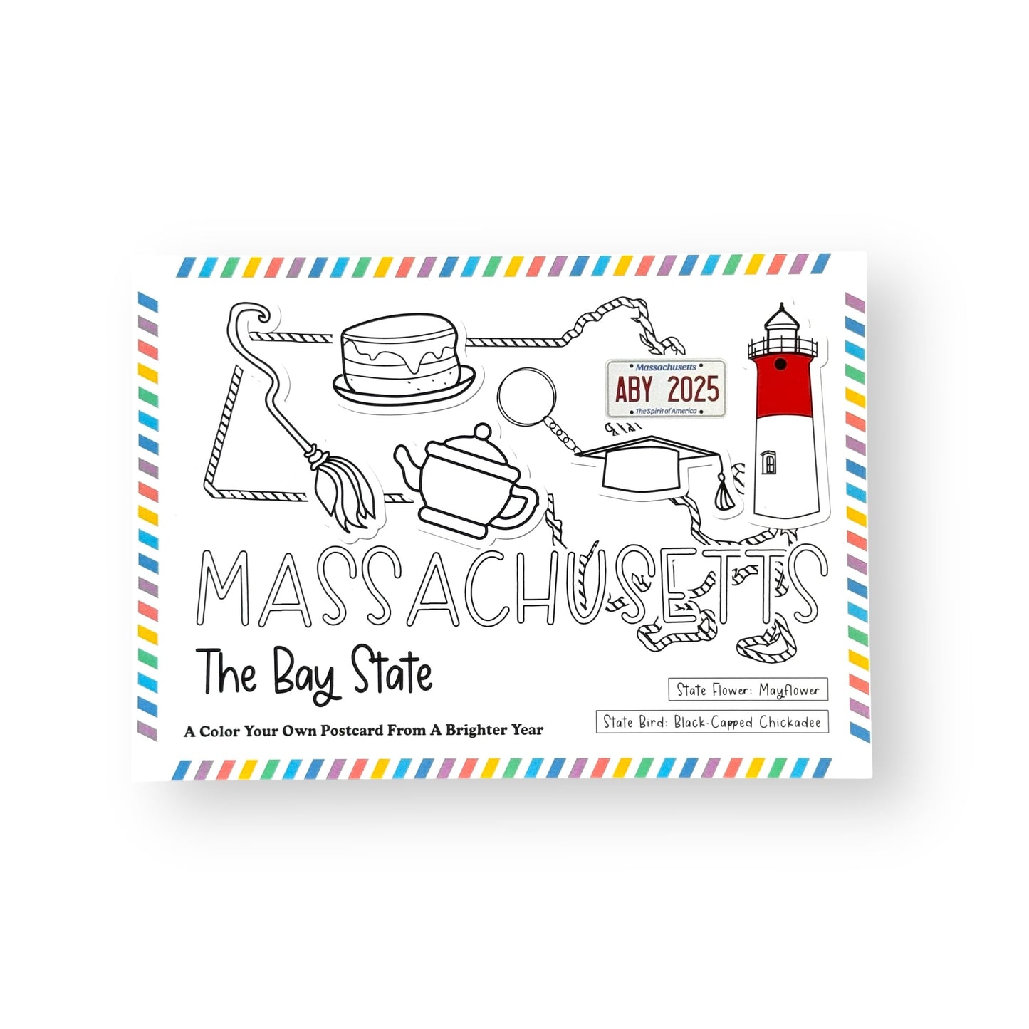 A Brighter Year Color Your Own Postcard - Massachusetts State - 5"x 7", Premium Quality, Sturdy Cardstock, Sized for Mailing, Illustrations - Stress & Anxiety Relief