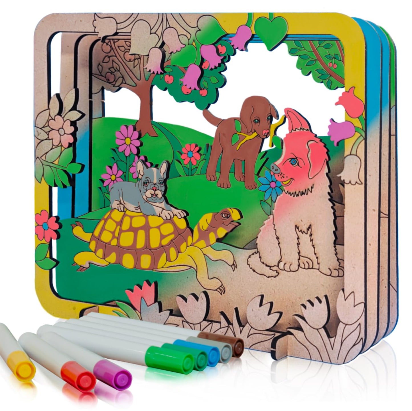 Made in USA - Puppies n' Turtle Layerscape Art Kit - Arts and Crafts for Kids Ages 8-12, 6-8, 4-6 - Fun Mess Free Coloring Activity - Creative Kids Toys and Great Travel Toys - Arts & Crafts