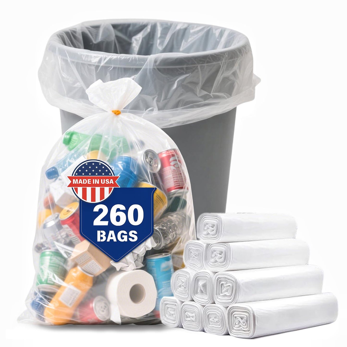 30 33 40 Gallon Clear Trash Bags, 260 Count High Density Garbage Bags, Made in USA, Recycling Trash Can Liners, Puncture-Resistant Plastic Waste Bags for Kitchens Yards Offices Commercial