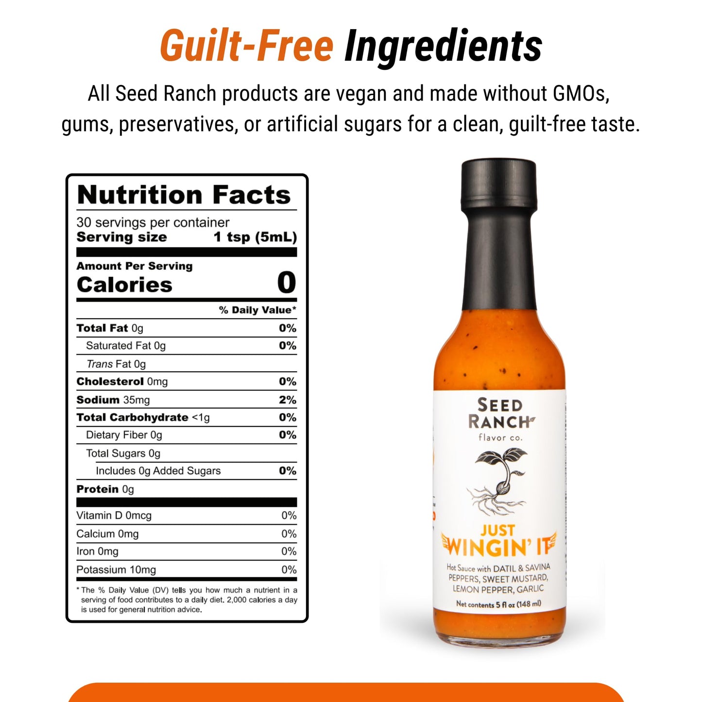 Seed Ranch Just Wingin' It Hot Sauce, 5 fl oz., Medium Heat, Datil and Savanna Peppers, Small-Batch Organic Gourmet Sauces, Vegan, Non-GMO, Gluten-Free, As Seen on Hot Ones S27