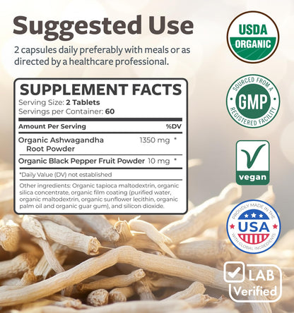 USDA Organic Ashwagandha Supplement - High Potency Ashwagandha Pills Made With Organic Black Pepper for Enhanced Absorption - Vegan Non-GMO Made in the USA & Lab Verified (2 Months Supply)