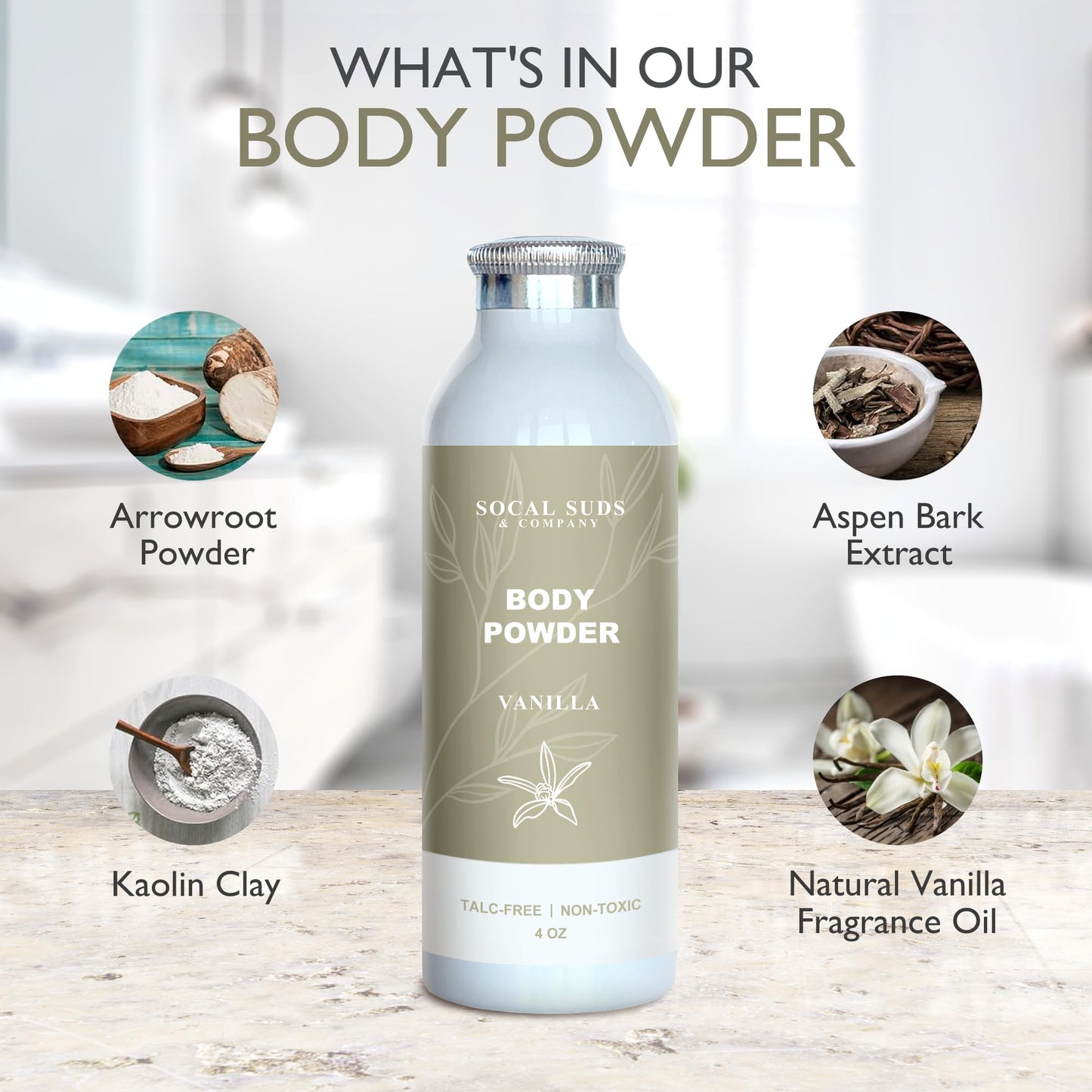 SoCal Suds & Company - Natural Body Powder Talc-Free - with Arrowroot Powder, Kaolin, Aspen Bark Extract for Soft Soothing Delicate Skin - Vanilla 4oz, 1-Pack