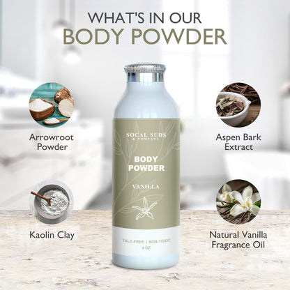 SoCal Suds & Company - Natural Body Powder Talc-Free - with Arrowroot Powder, Kaolin, Aspen Bark Extract for Soft Soothing Delicate Skin - Vanilla 4oz, 1-Pack