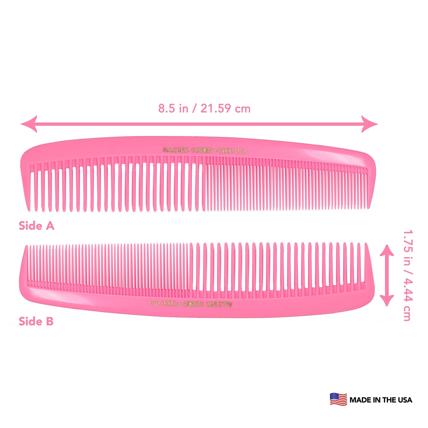 Allegro Combs 1000 X-Large Styling Comb Hair Cutting Barber Stylist Shampoo Combs All Purpose Wide And Fine Tooth Made In The USA 2 Pc. (Light Pink)