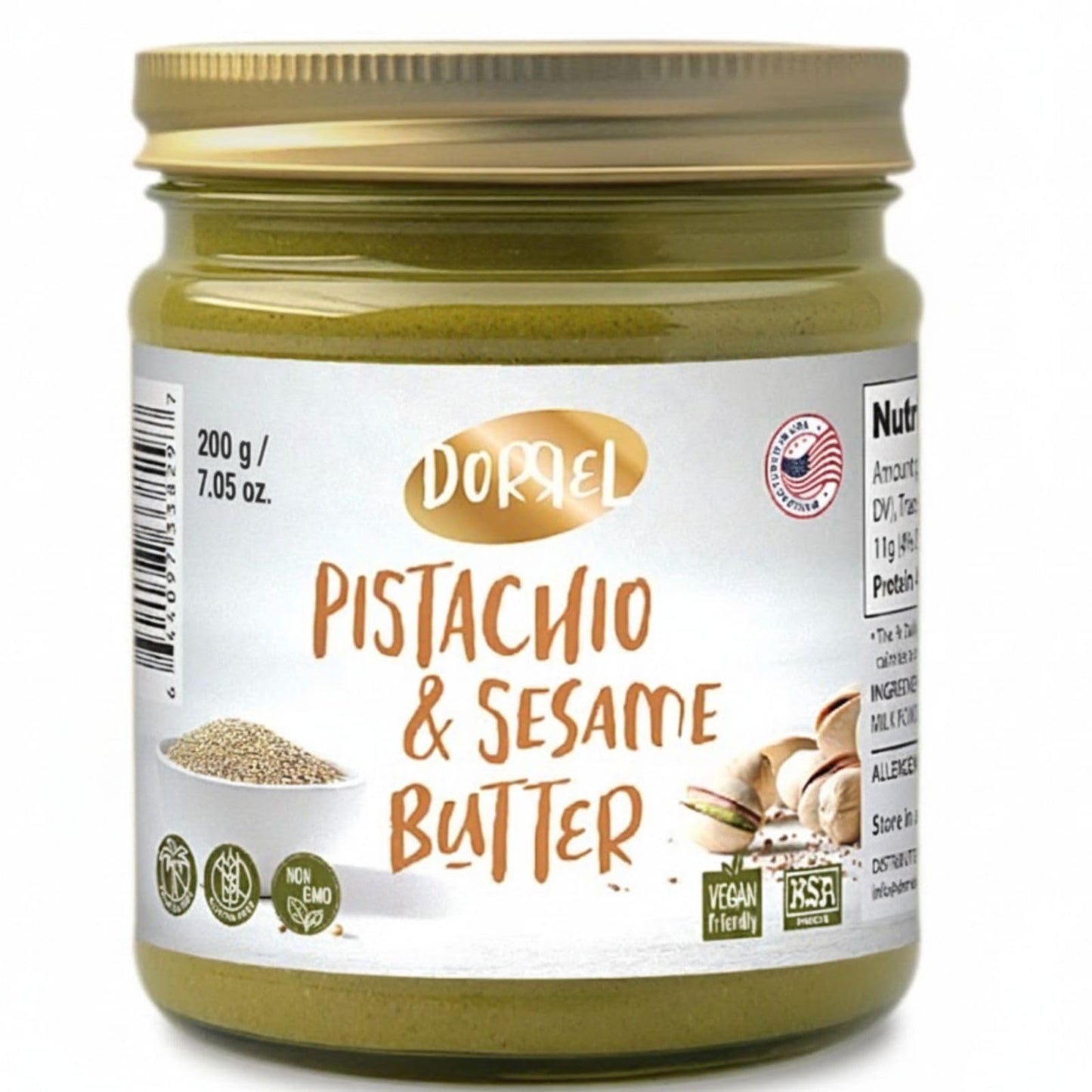 DORREL Pistachio & Sesame Halva Butter | Dairy-Free Vegan Spread | Made with 60% California Pistachios | Non-GMO | Kosher Pareve | Healthy Sweet & Savory Halva Spread (200g / 7.05oz)
