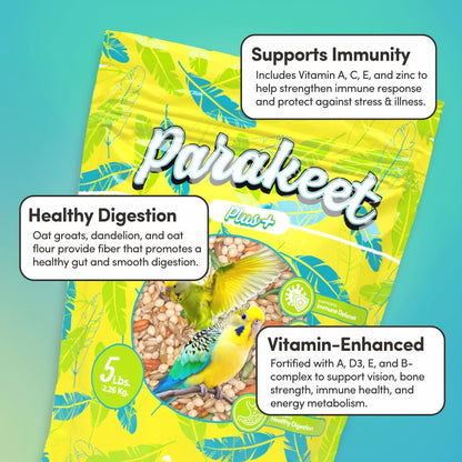 Mycelium Parakeet Plus Bird Seed (5 LB Bag) | Organic Bird Food Fortified with Vitamins for Immune & Digestive Support | Daily Nutrition for Parakeets & Budgies | Non-GMO, Clean Seed Blend | USA Made