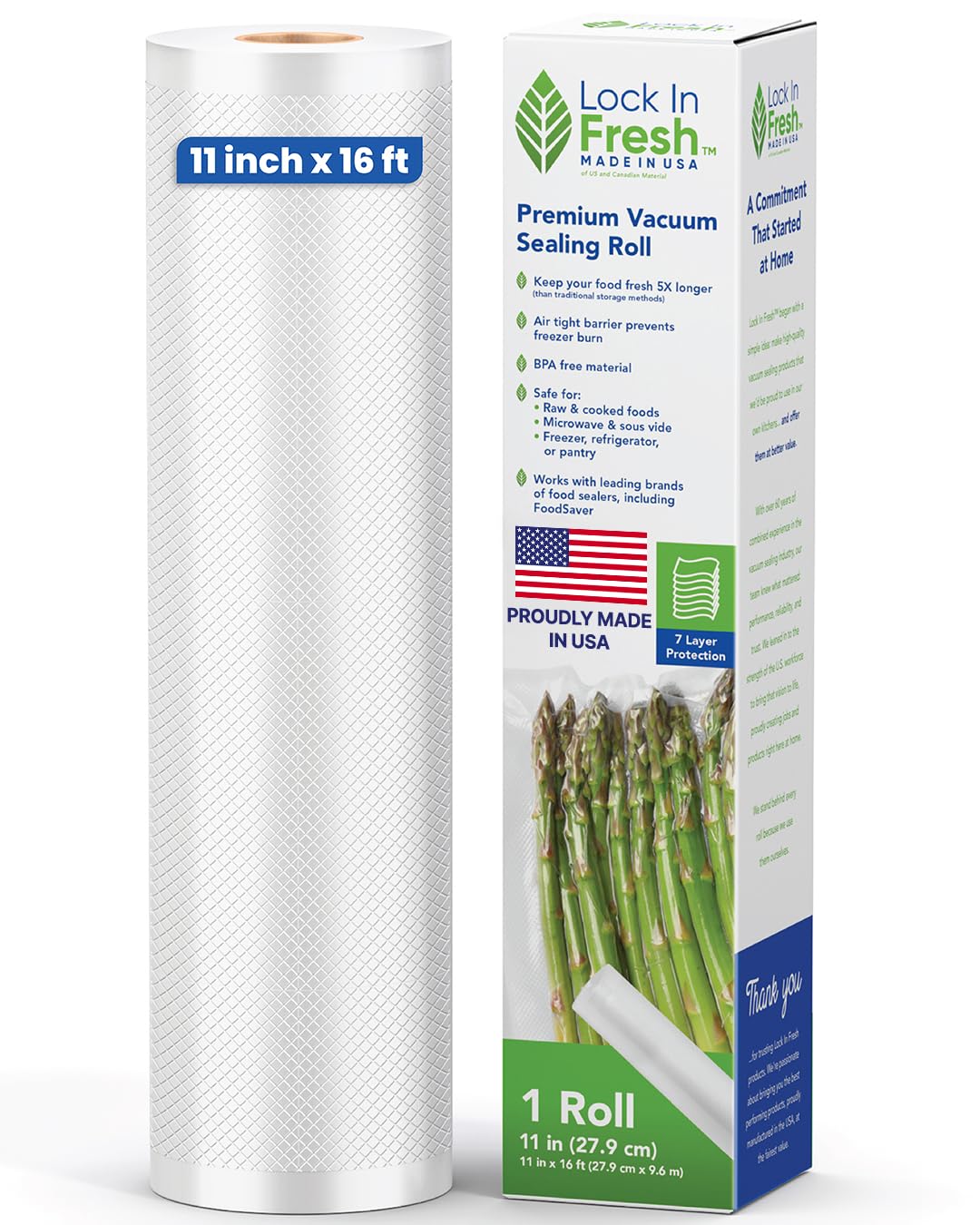 Lock In Fresh Vacuum Sealer Bags for Food - Heavy Duty Food Saver Vacuum Sealer Bag Rolls - Sous Vide, Seal a Meal Bags, 1-pack, 11" x 16' - Made in the USA