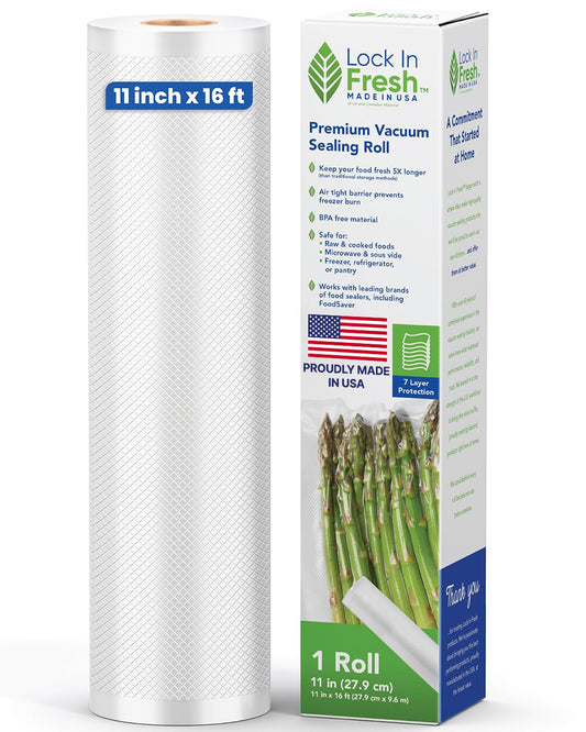 Lock In Fresh Vacuum Sealer Bags for Food - Heavy Duty Food Saver Vacuum Sealer Bag Rolls - Sous Vide, Seal a Meal Bags, 1-pack, 11" x 16' - Made in the USA