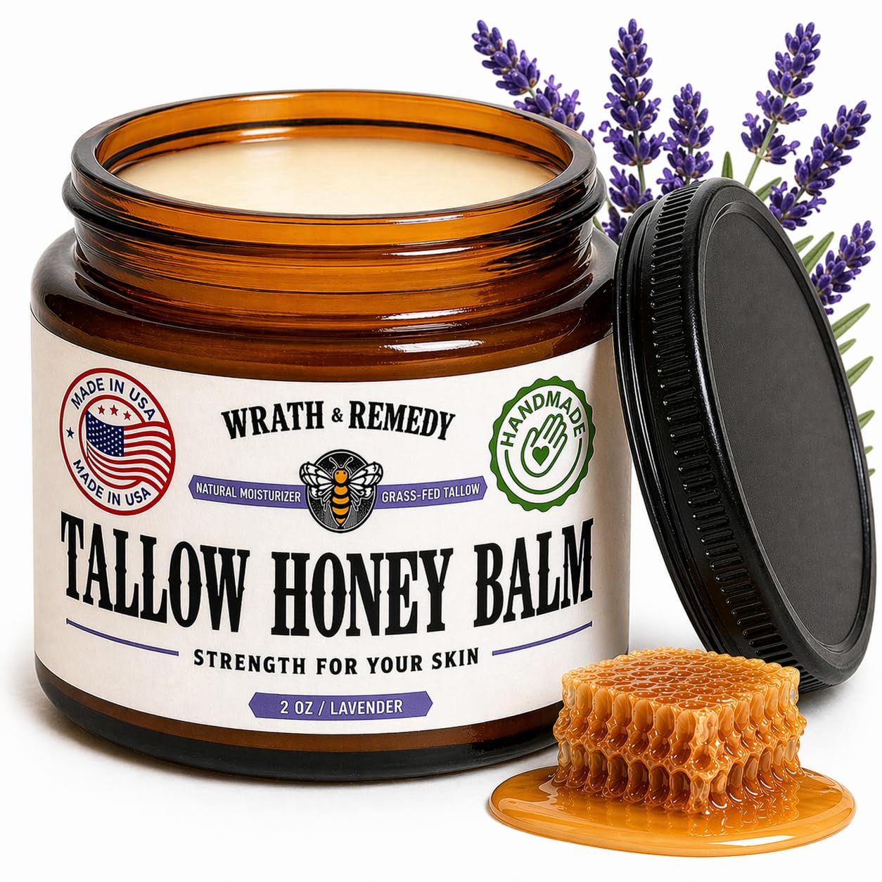 Organic Beef Tallow for Skin - 2OZ (Lavender, Concentrated) — US-Made Grass Fed Tallow and Honey Balm Moisturizer for Face, Hands & Body — Intensive Care for Dry Sensitive Skin, Eczema (No Additives)
