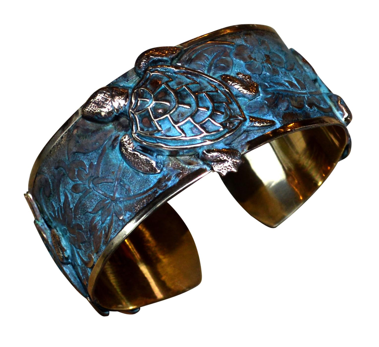 Verdigris Patina Solid Brass Classic Sea Turtle Cuff Bracelet by Elaine Coyne Made In USA