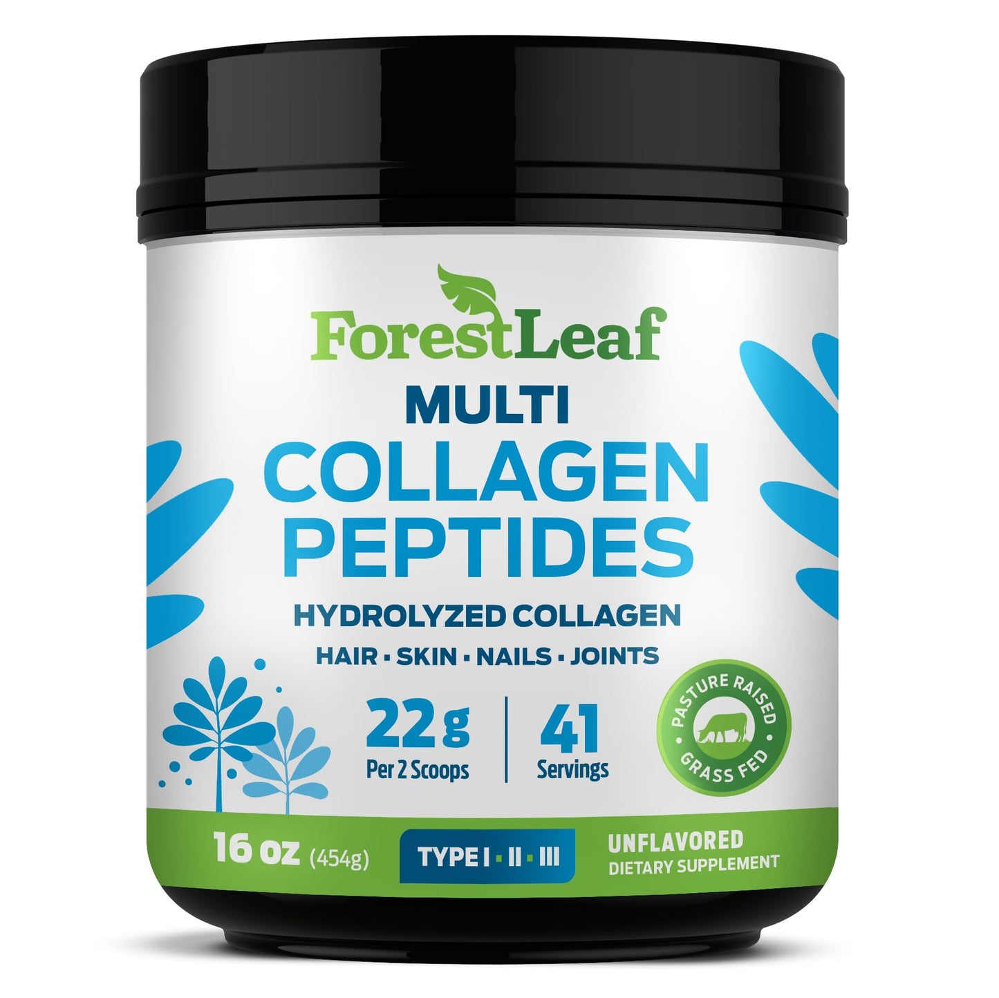 ForestLeaf Collagen Peptides Powder Unflavored - Hydrolyzed Grass Fed Keto Collagen Protein Powder Type 1, 2 & 3 - Vital Hair, Skin, Nails, Joints, Recovery, 11g Per Serving