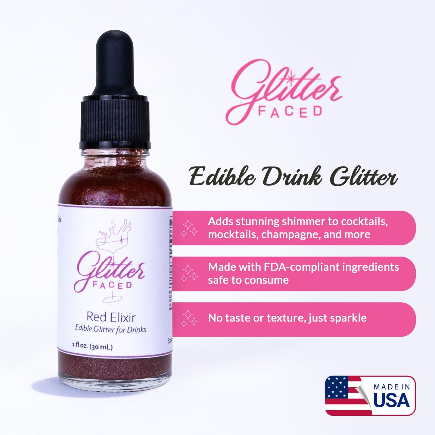 Glitter Faced Red Edible Glitter For Drinks With 0-Calories, No Taste or Texture | 30ml Food-Grade, 30 Drinks, Luster Dust | Ideal for Beverages, Galentine’s, Parties & Events | Made in USA