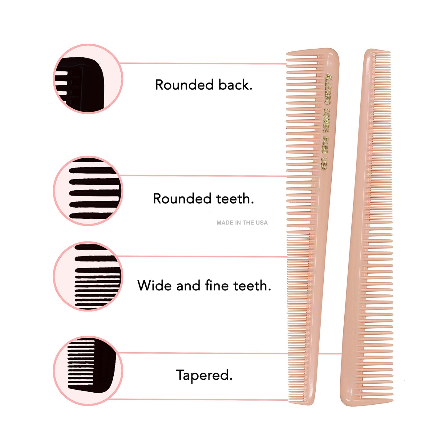 Allegro Tapered Hair Combs - 6 Pcs Barber & Hairstylist Combs for Men & Women, Made in USA (Rose)