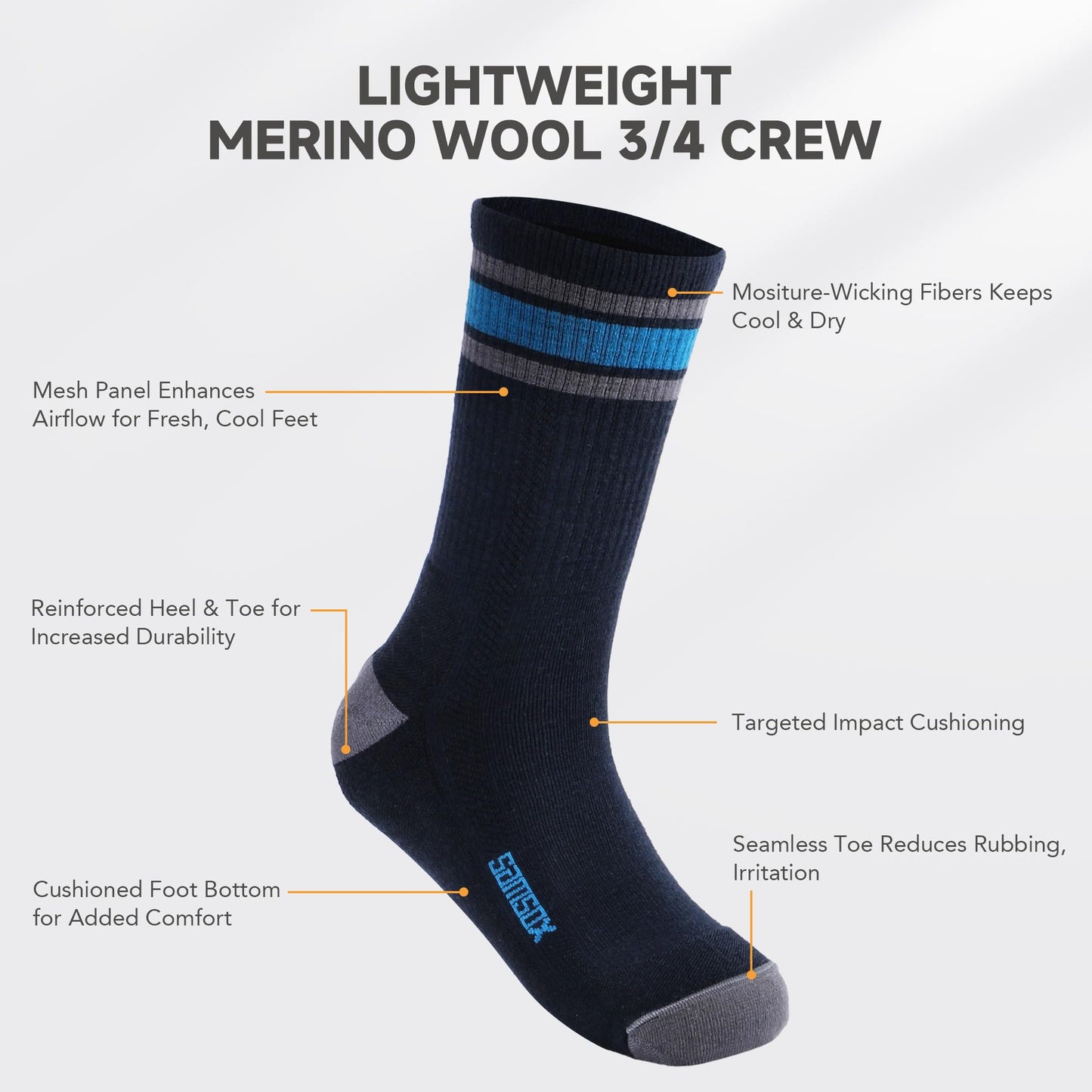 SAMSOX 2-Pair Merino Wool Hiking Socks, Total Eclipse (Nevada)